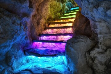 Wall Mural - Colorful cave stairs, mystical ambiance, underground path, tourism