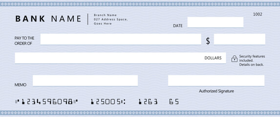 Wall Mural - bank check, vector blank money cheque, checkbook template with guilloche pattern and fields. currenc