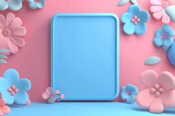 Canvas Print - Soft pastel background with blue frame and colorful flowers, ideal for spring themed designs, invitations, or creative projects