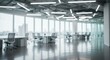 © Muaz - Modern office interior, blurred background, bright natural light, floor-to-ceiling windows, open workspace, minimalist design, white desks