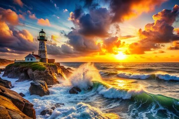 Wall Mural - Dramatic Sunset, Ocean Waves Crashing on Rocky Coast with Lighthouse - Tilt-Shift Photography