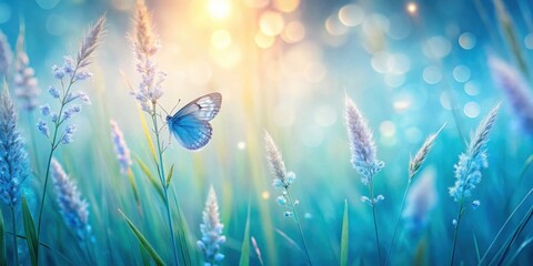 Wall Mural - Serene Pastel Meadow A Single Butterfly Perched on Delicate Blue Flowers at Golden Hour