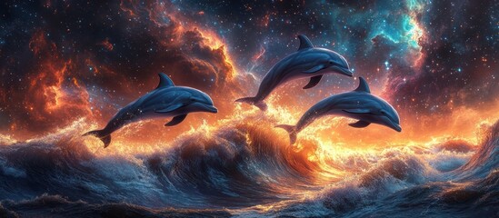 Cosmic Dolphins Leap Ocean Waves