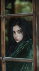 Poster - Reflective portrait of a young woman wrapped in a green cloth looking through a rustic window