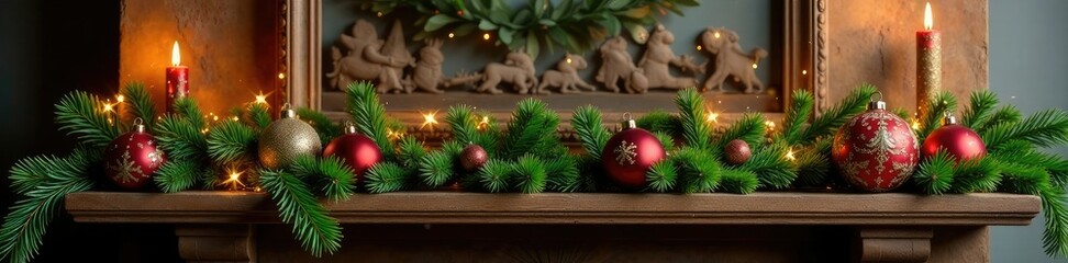 Wall Mural - decorated mantel with Christmas ornaments and greenery, evergreen, garland, decorations