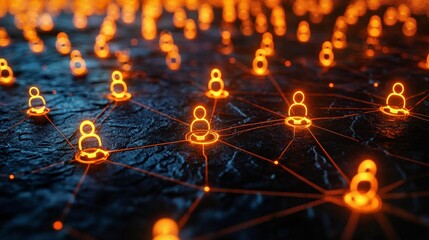 Glowing digital network with nodes in abstract style. Digital and tech connection with glowing orange nodes. Futuristic grid pattern and modern web background, excellent for internet mockup.