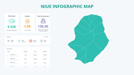  Business Growth Infographic Map of Niue. Orders, Customers, Sales Overview & product Infographic Map of Niue. Easy to edit