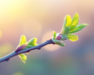 Canvas Print - Spring Branch with Fresh Green Leaves, Sunlight, and Blurred Background, New Life Concept