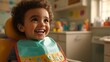 © Poter - Young child smiles joyfully during a dental check-up in a colorful clinic setting. Generative AI