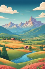 Wall Mural - serene landscape with rolling hills, mountains, and a winding river during a clear day