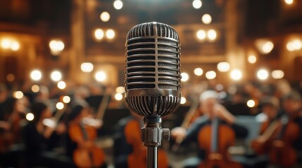 Wall Mural - Close-up of a premium condenser microphone with an artistic orchestra background. Generative AI