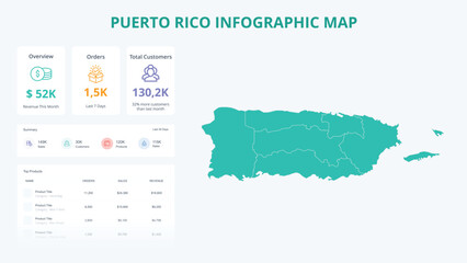  Business Growth Infographic Map of Puerto Rico. Orders, Customers, Sales Overview & product Infographic Map of Puerto Rico. Easy to edit