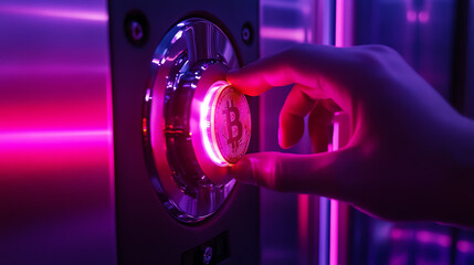 A hand inserting a glowing digital coin into a futuristic savings vault