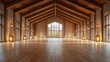 © Sopacha - Large empty hall with high ceilings, premium wood textures, and warm, soothing lighting, photorealistic 8K 3D render