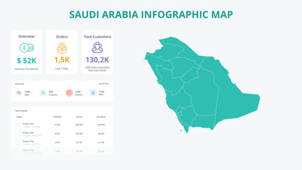  Business Growth Infographic Map of Saudi Arabia. Orders, Customers, Sales Overview & product Infographic Map of Saudi Arabia. Easy to edit