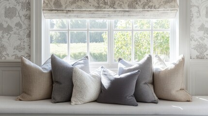 Wall Mural - Sunlit window seat with various textured cushions.