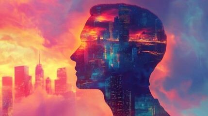 Fototapete - Surreal profile of a man merging with a vibrant cityscape during twilight hours