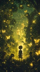 Poster - Surreal portrait of a child glowing amidst magical butterflies in an enchanted forest at dusk