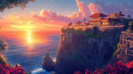 Wall Mural - Sunset over clifftop temple, ocean view, tropical paradise, postcard scene