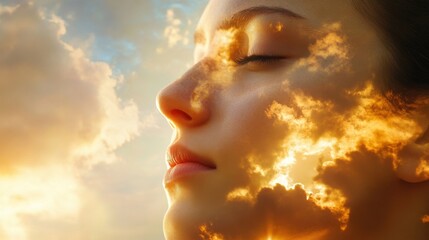 Aufkleber - Serene portrait of a woman with glowing face against a cloudy sunset background