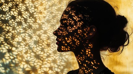 Poster - Serene woman illuminated by intricate shadows cast on her face in a tranquil setting