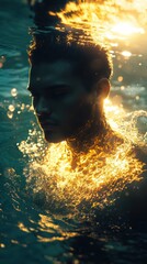 Aufkleber - Serene portrait of a man glowing with sunlight while immersed in water during a tranquil moment at dawn