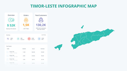  Business Growth Infographic Map of Timor-Leste. Orders, Customers, Sales Overview & product Infographic Map of Timor-Leste. Easy to edit