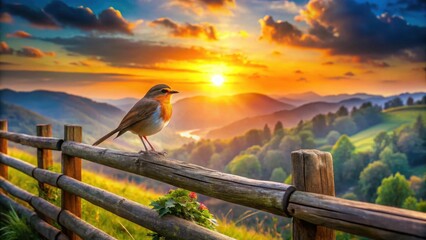 Sticker - Serene Sunset Vista A Small Bird Perched on Rustic Fence, Gazing Across Rolling Hills Bathed in Golden Hour Light