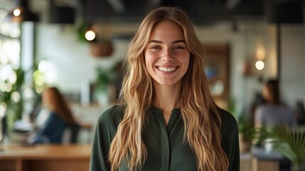 Aufkleber - Confident woman smiling in a modern workspace during daylight hours