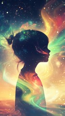 Poster - Mystical visualization captures a child's silhouette surrounded by cosmic elements and vibrant colors