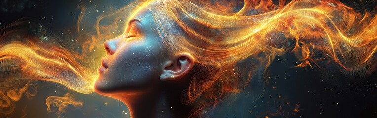 Leinwandbilder - Mystical portrayal of a gymnast's face with flowing, fiery hair in an ethereal setting