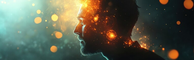 Poster - Mystical profile of a man illuminated with cosmic energy and vibrant colors, exploring the depths of imagination and emotion