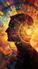 Leinwandbilder - Mystical profile of a man intertwined with vibrant abstract patterns and luminous energy at an unknown time