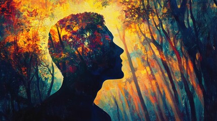 Aufkleber - Mystical portrayal of a man's profile filled with vibrant foliage and sunlight streaming through a forest in autumn