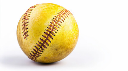 Yellow softball isolated on white background, showcasing textured seams. Ideal for sports enthusiasts and equipment review content.