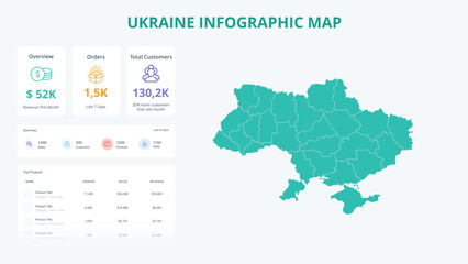  Business Growth Infographic Map of Ukraine. Orders, Customers, Sales Overview & product Infographic Map of Ukraine. Easy to edit