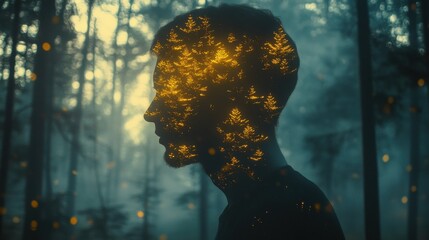 Poster - Mystical profile of a man filled with forest imagery in an enchanted woodland setting at dusk