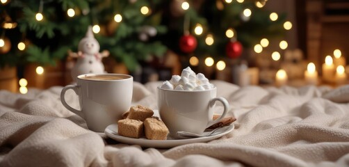 Wall Mural - Steaming cup of coffee with marshmallow treats on a soft blanket near a majestic Christmas tree, marshmallow treats, serene landscape, festive holly