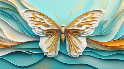 Wall Mural - Butterfly in white, gold, and blue layers, graphic background for print and web design