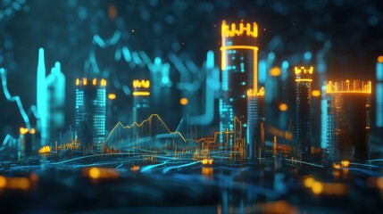 Poster - Glowing digital representation of financial growth illustrating city skyline with data visualization effects