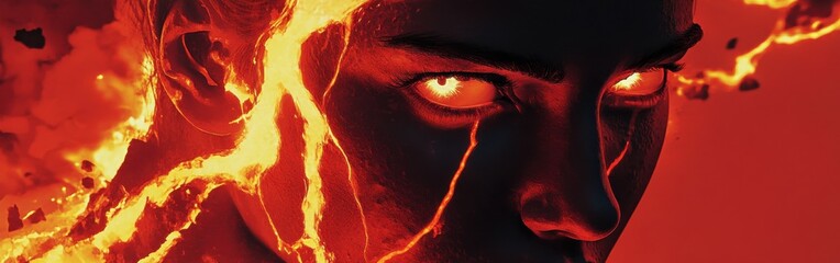 Poster - Dynamic visualization of a face surrounded by glowing lava-like elements showcasing vibrant colors and intense expressions