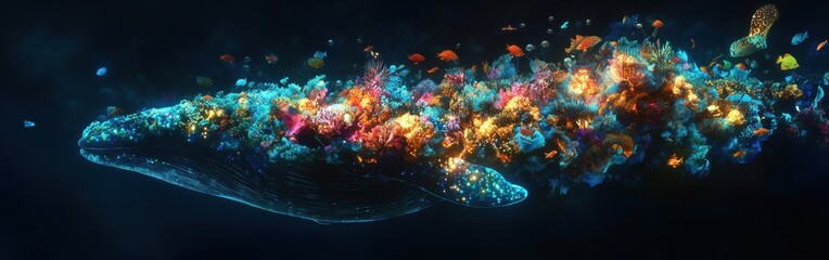 Aufkleber - Glowing whale surrounded by vibrant marine life creates a captivating underwater spectacle
