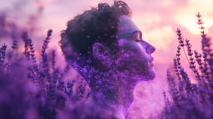 Aufkleber - Silhouette of a man surrounded by lavender fields during sunset with an ethereal blend of colors and light