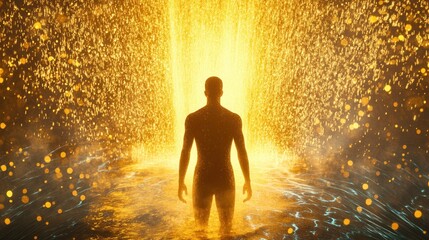 Wall Mural - glowing silhouette of a man standing in radiant water with cascading golden particles at sunset