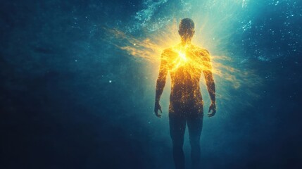 Poster - Man surrounded by glowing light in a dark atmosphere representing inner energy and vitality