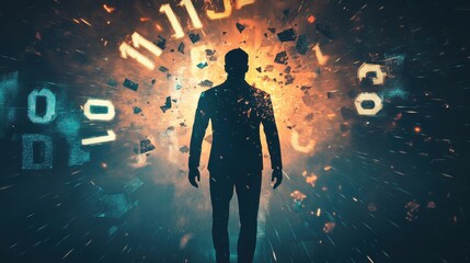 Aufkleber - Conceptual representation of a glowing man amidst a cascade of numbers in a digital environment