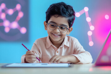happy Indian kid in math lab, working with Geometry tools, background blue and pink futuristic light