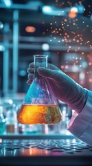 Poster - Portrait of a focused scientist in a modern laboratory holding a flask with vibrant liquid