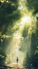 Poster - Sunlight streaming through a bamboo forest as a person walks along a serene pathway