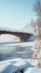 Aufkleber - Bridge arching over a frozen river in a serene winter landscape covered in snow and ice